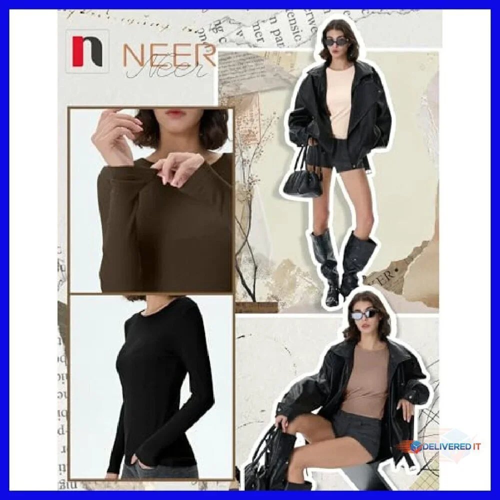 4 Pack Women's Ribbed Long Sleeve Cotton Tees Slim Fit Stretch Knit